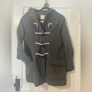 ROOTS dk grey wool pea coat, snap & toggle closures, medium - large fit